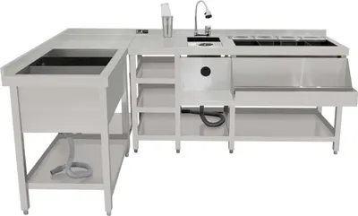 Image de Station de bar à cocktails de luxe, fontaine à glace et meuble d'angle modulaire, évier en acier inoxydable, mitigeur, étagères, rafraîchisseur de boissons, casseroles professionnelles, pare-éclaboussures, 2 supports de fixation et shaker