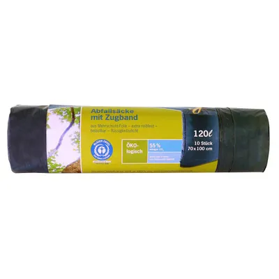 Produktbild von inapa Müllsack/Gartenabfallsack Secolan 120l mit Zugband – reißfest, belastbar, 100% recyclingfähig – 1 Rolle/10 Stück