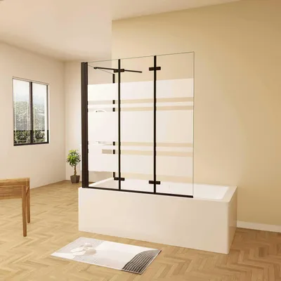 Produktbild von AICA 130cmx140cm Badewannenaufsatz Schwarz mit Blickdichten 6mm NANO ESG-glas mit 80cm Seitenwand 3-teilig Faltwand Badewannenfaltwand Badewanne Duschabtrennung Duschwand