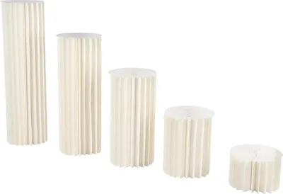 Obrázok produktu pre Stojan na kvety, stolová dekorácia – sada s 5 stĺpovými vázami – výšky 20/40/60/80/100 cm – akrylová doska Ø30 cm, 2 mm – kartón + akryl – na oslavu narodenín – biela farba