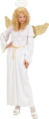 A woman dressed as an angel, posing for a product image.