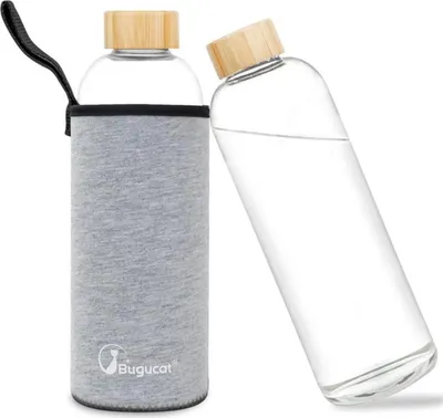 Immagine prodotto di Borraccia da 1 litro in vetro borosilicato con rivestimento protettivo, a prova di perdite, adatta per bevande calde e fredde, colore grigio, capacità 1000 ml