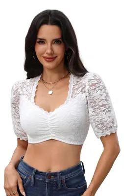 Imagen del producto de Blusa de estilo dirndl para mujer, con mangas abullonadas de encaje, color blanco