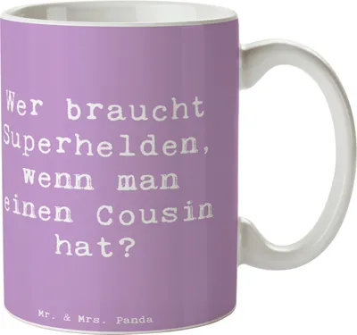 Produktbild von Mr. & Mrs. Panda Tasse Spruch Cousin Held - Lavendeltraum - Geschenk, Unterstützung, Pott, Kaffeetasse, Helden, einzigartige Designs, mit Motiv, Verwandtschaft, Cousins