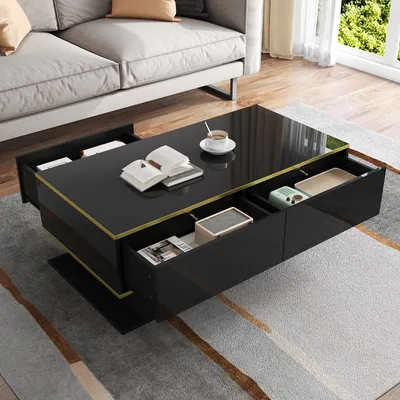 Produktbild von STILVORA Couchtisch mit drei Schubladen und offenem Fach,Hochglanz-Kaffeetisch mit LED-Beleuchtung,Sofatisch mit Goldverzierung,schwarz