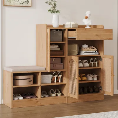 Image de OKWISH Meuble à Chaussures - Meuble d’Entrée avec Banc Rembourré, 3 Portes en Rotin et 1 Tiroir, Naturel, 142x35x110 cm