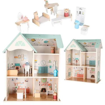 Produktbild von Holz-Puppenhaus LULILO, mit Möbeln und Figuren, 56 cm, mintgrün