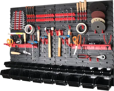 Produktbild von 69-tlg. Werkzeugwand Set 1152 x 780 mm Werkstattregal Lochwand 23 Stapelboxen Wandregal Kunststoff