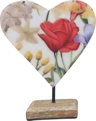Produktbild von Dekoobjekt Herz Blumenmeer auf Fuß H. 18cm aus Mangoholz mit Emaille Formano F26