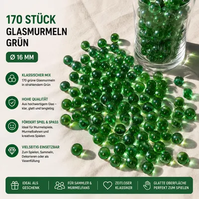Produktbild von 170 Stück grüne Glasmurmeln Ø 16 mm – Transparente Murmeln aus Glas – Großes Murmel Set zum Spielen, Sammeln, Murmelbahn & Dekorieren, KI-generiertes Bild