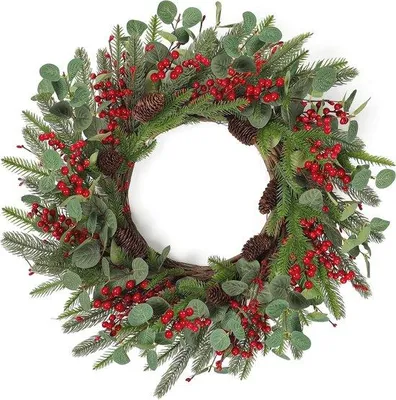 Produktbild von Winter-Eingangskranz mit Tannenzweigen und Winterfrüchten - Dekorativer Einführungskranz für die kalte Jahreszeit.