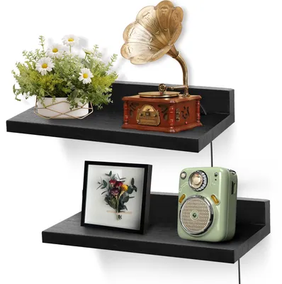 Produktbild von Elzusha – Set aus 2 schwebenden Wandregalen, 9 Zoll – Schwarzes Holz-Displayregal