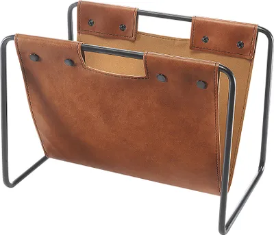 A brown leather magazine rack with a black metal frame, shown against a white background.
