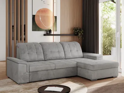Produktbild von MKS MEBLE Sofa mit Schlaffunktion - Ecksofa mit Schlaffunktion und Bettkasten - Sofa 3 Sitzer - Schlafsofa - Couch - Schlafsofa mit Bettkasten - Madrito L - Hellgrau Velvet - Rechts Seite