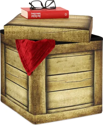 Produktbild von Relaxdays Sitzhocker mit Stauraum, faltbar, gepolstert, Hocker mit Holzplanken Design, HBT: 38 x 37,5 x 37,5 cm, braun