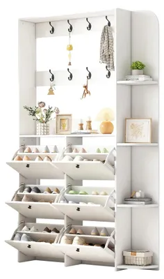 Image de Entrée : Armoire à chaussures, 8 crochets, 5 compartiments de rangement, blanc