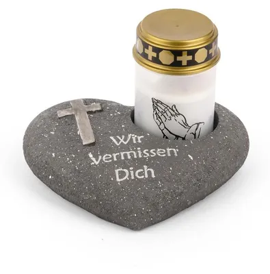 Produktbild von Novaliv Grabschmuck Herz Anthrazit mit Kreuz Spruch Wir vermissen Dich inkl. LED Grablicht Weiß Grabdeko Grabherz Wetterfest Grabdekoration Gedenkstein Teelichthalter Trauerstein