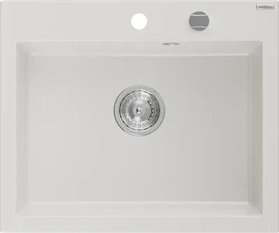 A top-down view of a white kitchen sink with a drain and faucet base.