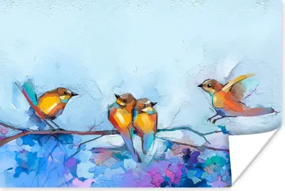 Produktbild von MuchoWow® Poster Gemälde - Ölfarbe - Vogel - Zweig 60x40 cm - Schlafzimmerdekoration