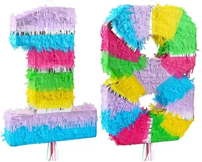 Produktbild von 2er Set Pinata Zahl 18, bunte Pastellfarben, Geburtstags-Party Deko, 50x35x7,5 cm