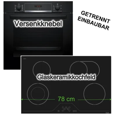 Produktbild von Herdset Backofen BOSCH 3DHeißluft Hydrolyse + Elektrokochfeld h|tech 78cm Zweikreiszone Bräterzone