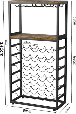 Image de Iropro Casier à vin pour 30 bouteilles, Casier à bouteilles indépendant avec porte verre et plateau, Casiers d'exposition en métal vintage pour cuisine bar cave salle à manger 59 x 30 x 141 cm