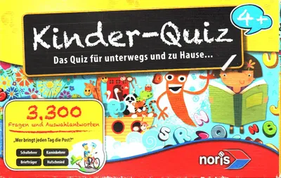 The image shows the packaging of a children's quiz game, featuring colorful illustrations and text.