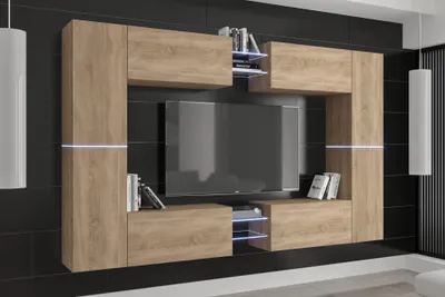 Produktbild von Furnitech Wohnwand Wohnzimmer - Wohnzimmer Möbel mit LED RGB - 16 Farben - Hängend Wohnwand Modern - Regale und TV Schrank (C20N-21S-M5-1C)