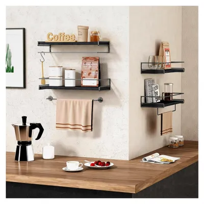 Produktbild von Wandregal Holz Schwarz, 2+1 Wandregal mit Handtuchhalter, Schweberegal für Wohnzimmer, Küche, Badezimmer und Büro