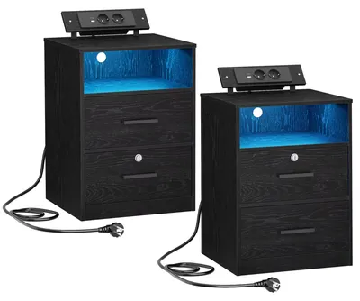 Productafbeelding van Nachtkastjes set met 2 - Nachtkastje - Met ladefunctie - LED-verlichting - 1 open vak - 2 lades - Met slot - Zwart