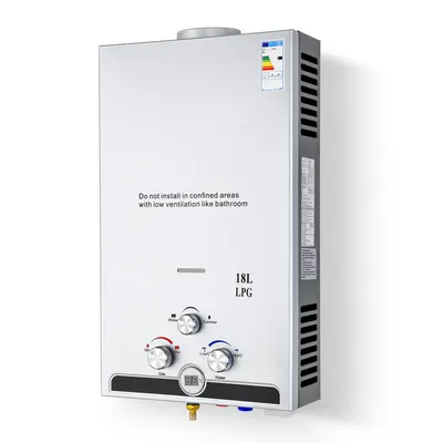 Produktbild von CO-Z Durchlauferhitzer LPG Flüssiggas, 18 L/Min, 30,6 kW, Edelstahl Kupfer, 35 x 15 x 59 cm (LxBxH)