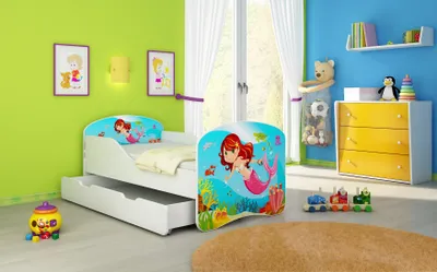 Produktbild von ACMA I Jugendbett Kinderbett Junior-Bett Komplett-Set mit Matratze Lattenrost Weiß 09 Meerjungfrau 180x80 + Bettkasten