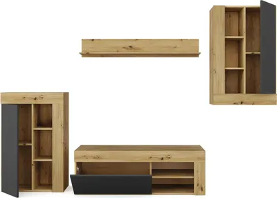 Produktbild von Wohnwand Dnosed, modernes Wohnzimmer-Set, Mehrzweck-Wohnzimmermöbel, 260 x 41 x 102 cm, Eiche Nodes und Anthrazit