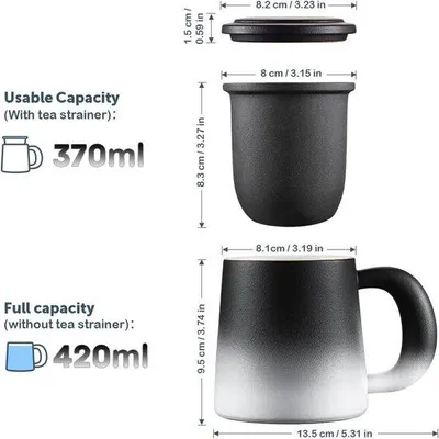 Zdjęcie produktu dla Ceramiczny zestaw do parzenia herbaty z sitkiem ze stali nierdzewnej, 420 ml, czarno-biały