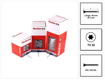 Immagine prodotto di Viti per pannelli truciolari Fischer Power-Fast II in acciaio zincato, zincato blu, testa svasata, TX20, completamente filettate 5,0 x 40 mm 200 pz.