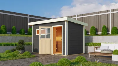 Produktbild von Karibu Saunahaus Außensauna Gartensauna Skrollan 1 terragrau lackiert Ofen 9 kW  externe Strg easy 38mm Massivholz 336x196x228 cm mit Classic Tür