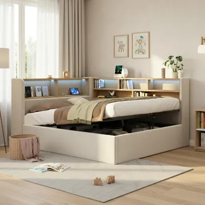 Produktbild von MODFU Schlafsofa Jugendbett140x190 cm mit LED Beleuchtung,Einzelbett mit USB-Anschluss und Rückenlehne,Hydraulikbett mit Stauraum,ohne Matratze,Beige