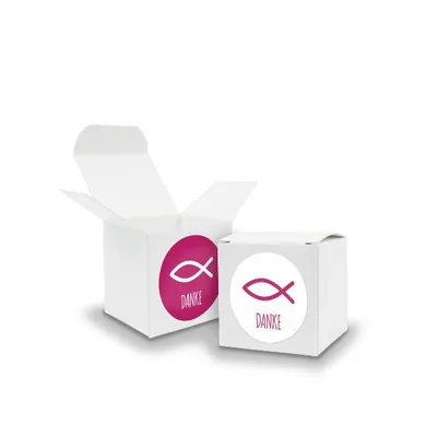 Produktbild von SET Fisch DANKE (Motiv34) 24x Faltschachtel Würfel 5cm weiß  + Sticker