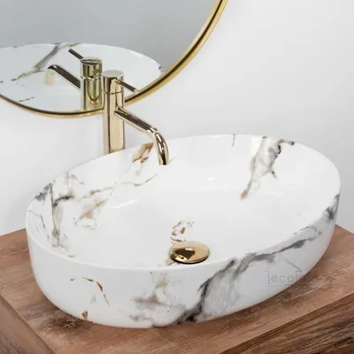 Produktbild von ECOLAM Aufsatzwaschbecken Queen 55 x 41 x 14 cm Glamour Keramik Handwaschtisch Waschbecken Waschschale Marmor-Effekt Steinimitation oval