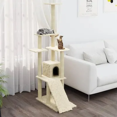 Produktbild von Kratzbaum mit Sisal-Kratzsäule, Katzenkratzbaum, Kletterwand, Kratzbäume Für Katzen, Kratzstamm, Kratzbaum Deckenspanner,n Creme 155 cm