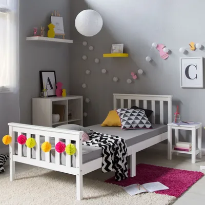 Produktbild von Homestyle4u Holzbett Kinderbett 90x200 Jugendbett mit Lattenrost Weiss Kiefer Massivholz