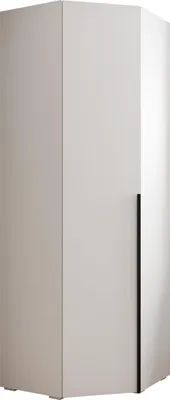A white corner cabinet with a black handle.