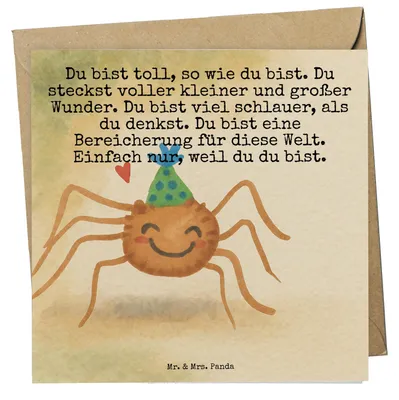 Produktbild von Mr. & Mrs. Panda Glückwunschkarte Spinne Agathe Party Design - Weiß - Geschenk, anlasskarte, Grußkarte, Selbstliebe, Motivation, Klappkarte, Glück, faltkarte, doppelkarte