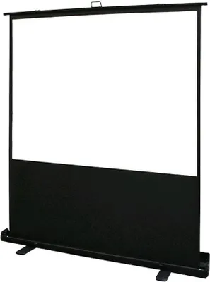 A portable projection screen with a black base and stand, and a white screen.