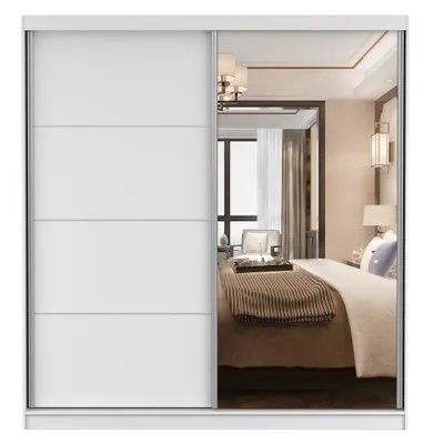 Produktbild von Schwebetürenschrank Kleiderschrank Schrank 203cm Weiß/Weiß matt mit Spiegel und Zierleisten Pola 42 B
