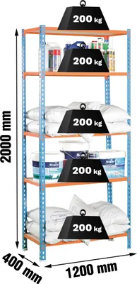 Zdjęcie produktu dla Simonrack regał do dużych obciążeń MADERCLICK MEGAPLUS 5 8425437077524 pomarańczowy, niebieski 120,0 x 40,0 x 200,0 cm