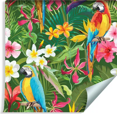 Zdjęcie produktu dla Tapeta  Ozdoba scienna Flizelinowa Tropikalne KWIATY Papugi Natura 3D do Salonu
