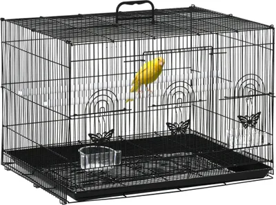 Produktbild von PawHut Vogelkäfig 60 x 41 x 41 cm, Voliere aus Metall mit Futterspendern, 2 Sitzstangen, 3 Türen und Tragegriff für kleine Vögel, Kanarienvögel, Sittiche, Schwarz