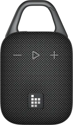 A black portable Bluetooth speaker with a carabiner clip is shown against a white background.