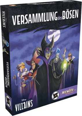 The image shows the box art for a Disney Villains board game, featuring several iconic villains against a night sky.